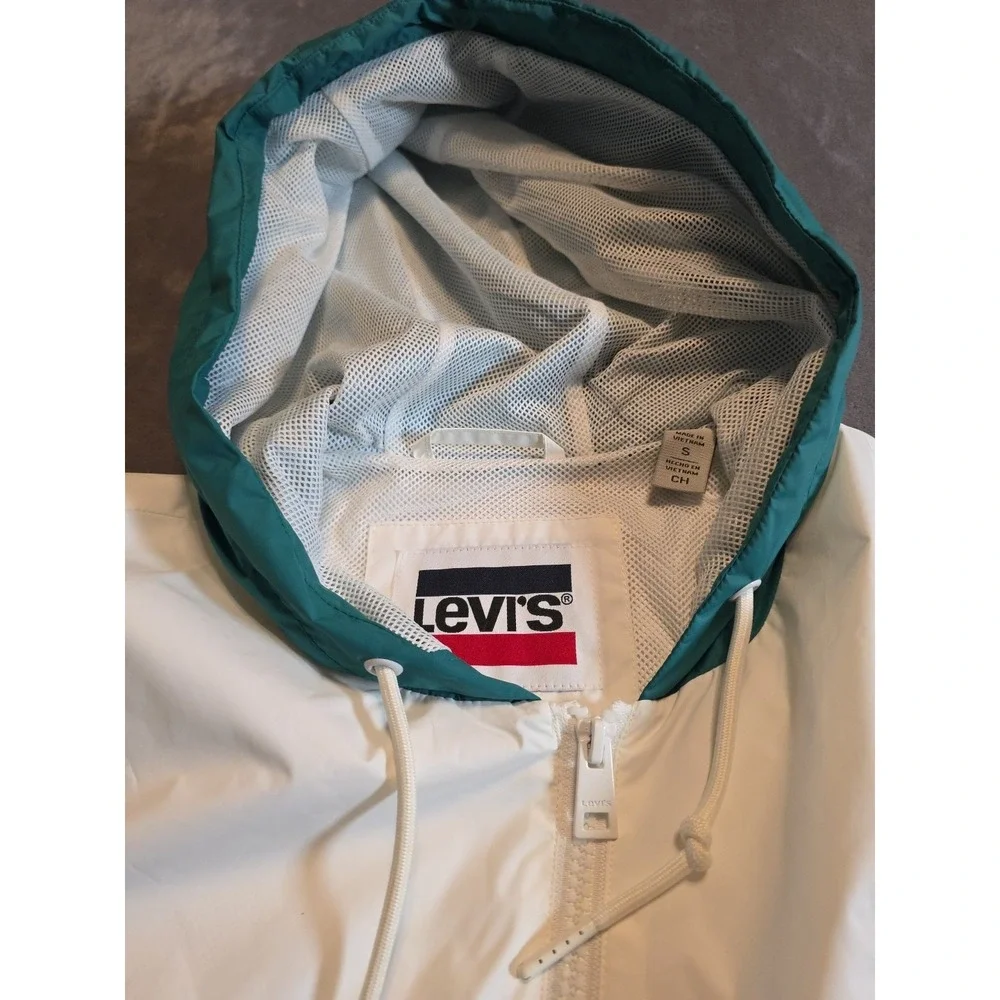 Levi's Windbreaker Rain Jacket Women's S Embroidered Green Grey White Elastic...